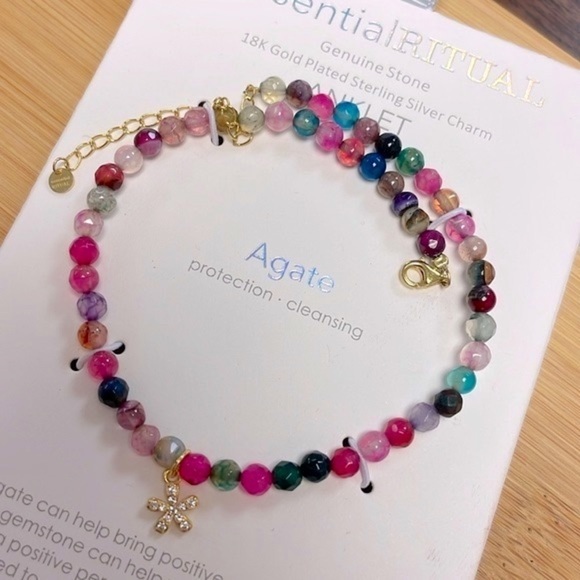 Essential Ritual Genuine Stone 18k Gold Plated Sterling Silver Charm Anklet - Picture 14 of 15